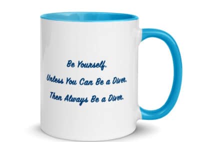 Blue mug text opposite logo